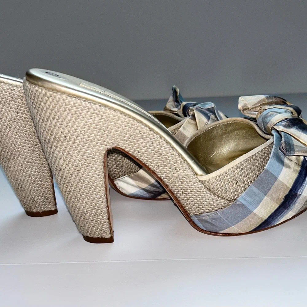 Olivia Rose Tal Peep‎ Toe Mule Pumps Block Heel Plaid Bow